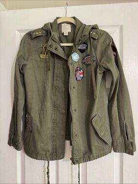 Full Tilt Olive Green Hooded Patch Utility Jacket